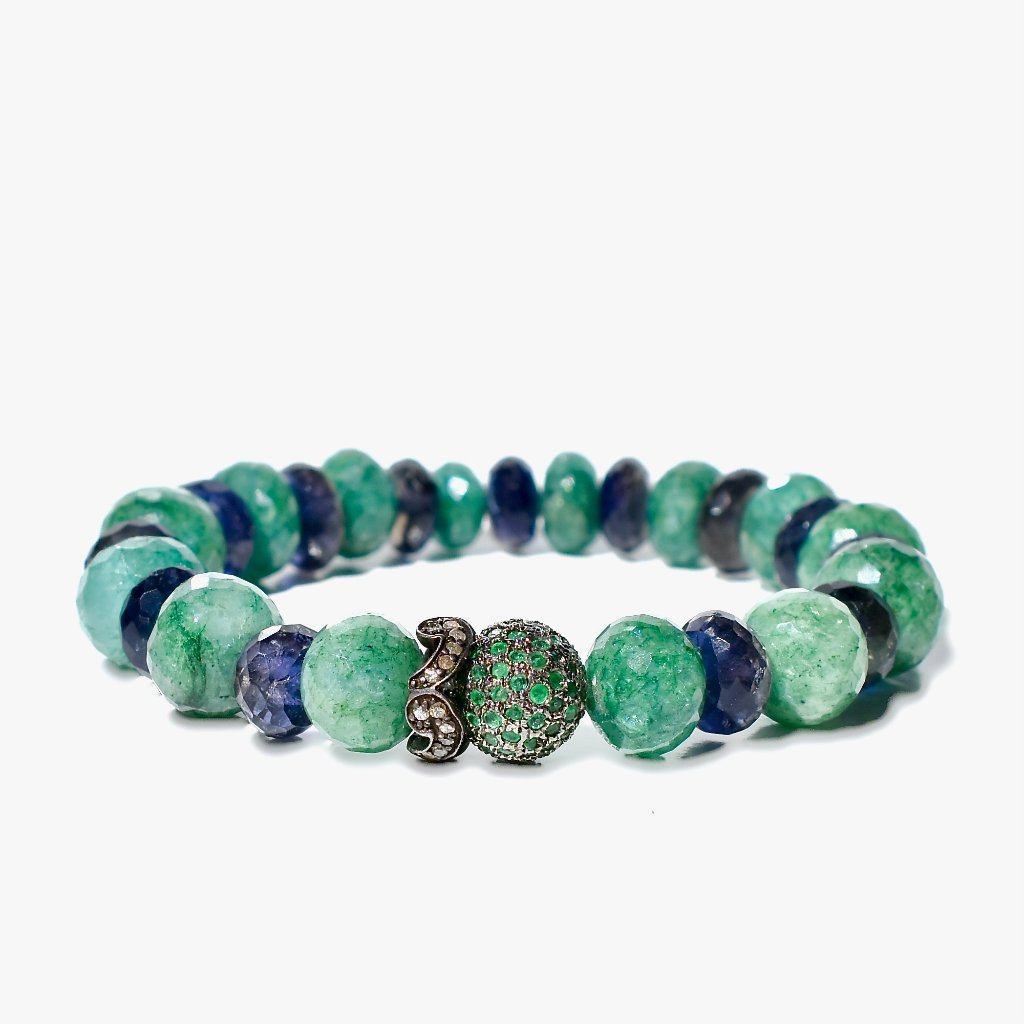 925 Sterling Silver Pave Emerald Diamond And Iolite Stretch Bracelet